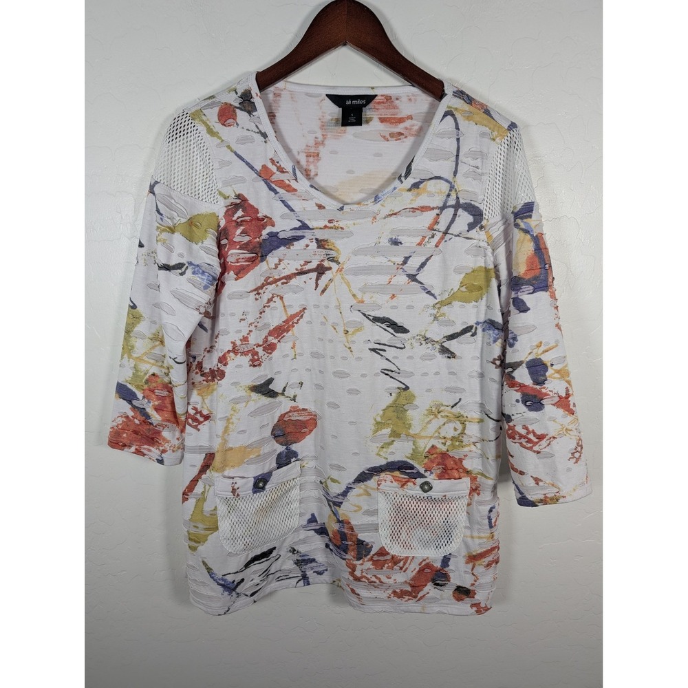 Ali Miles Shirt Womens Small White Multicolor Mesh Pockets Art Print Tunic Top